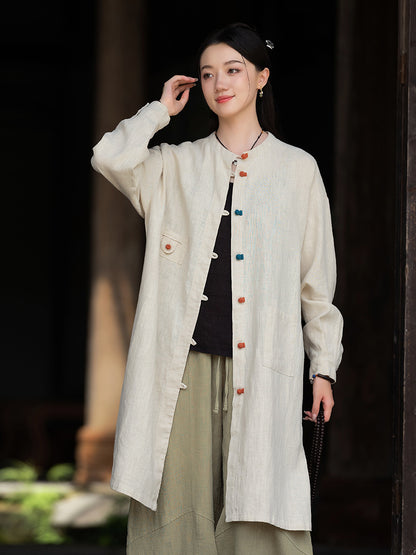 Linen Stand Collar Coil Button Cardigan