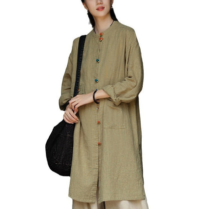 Linen Stand Collar Coil Button Cardigan