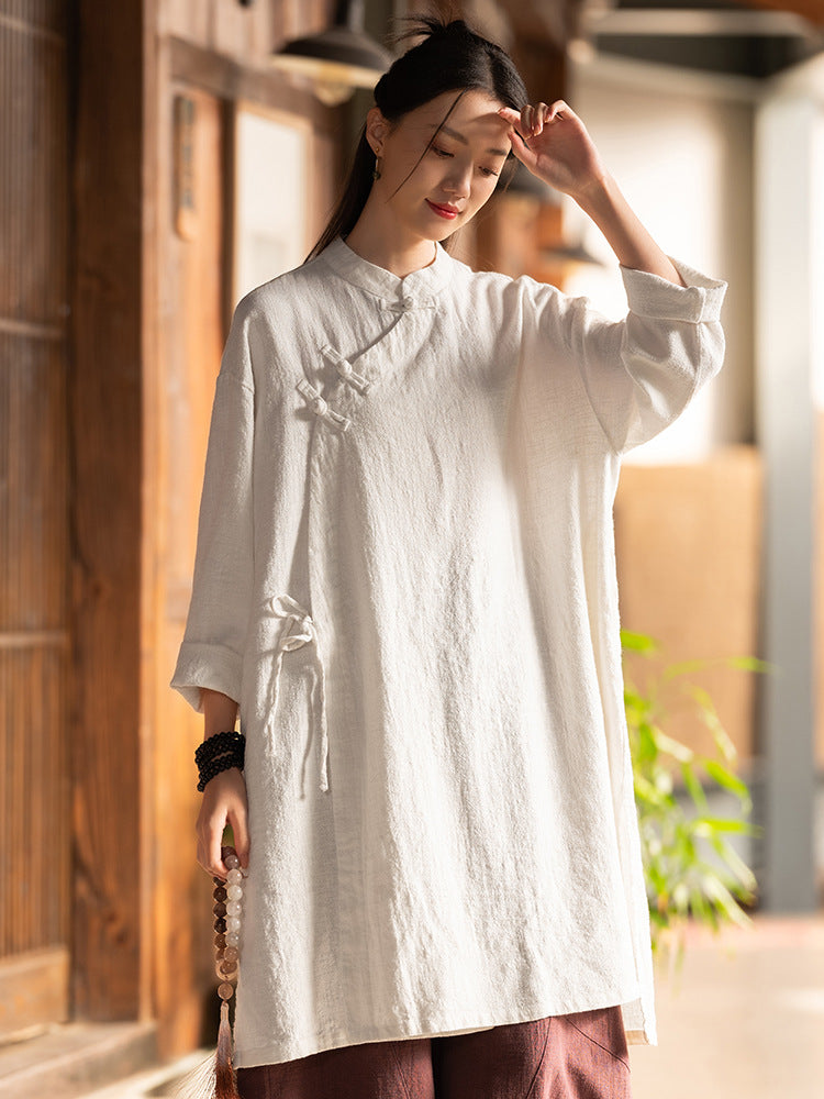 Linen Stitching Buckle Shirt Zen Meditation