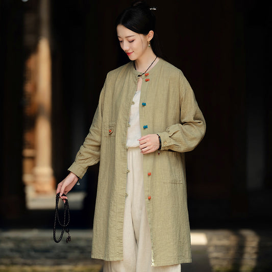 Linen Stand Collar Coil Button Cardigan