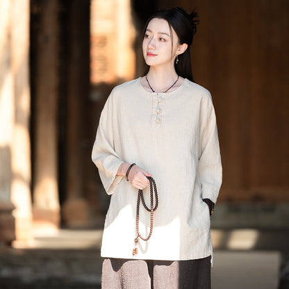 Linen Stitching Buckle Shirt Zen Meditation