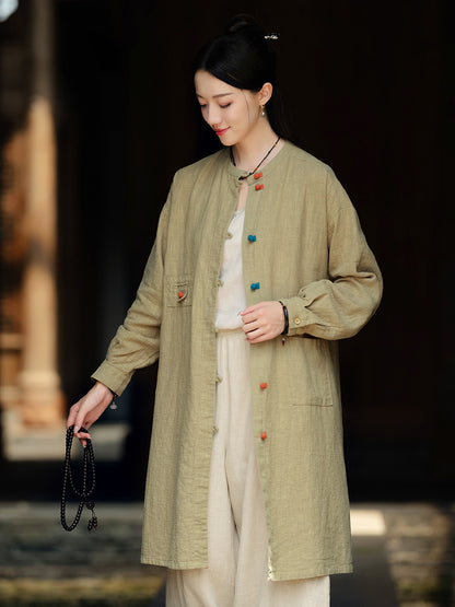 Linen Stand Collar Coil Button Cardigan