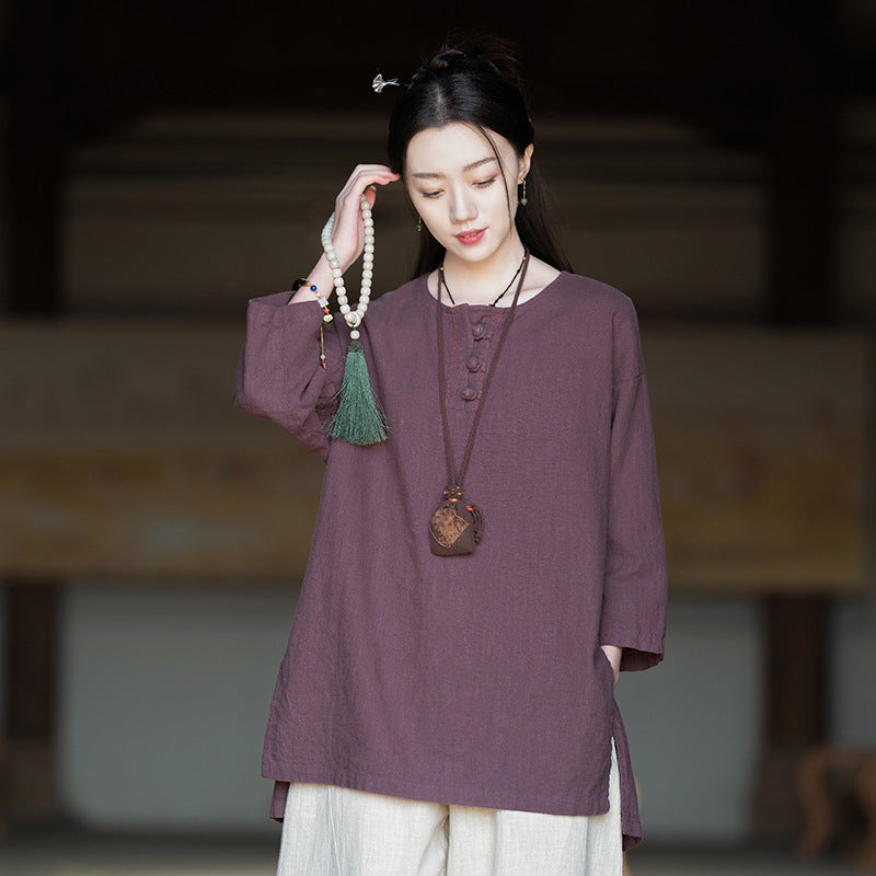 Linen Stitching Buckle Shirt Zen Meditation