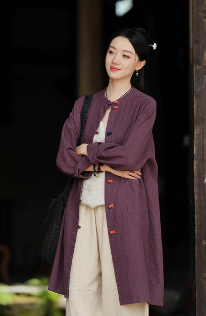 Linen Stand Collar Coil Button Cardigan