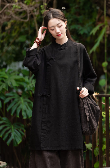 Linen Stitching Buckle Shirt Zen Meditation