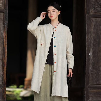 Linen Stand Collar Coil Button Cardigan