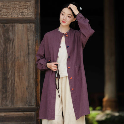 Linen Stand Collar Coil Button Cardigan