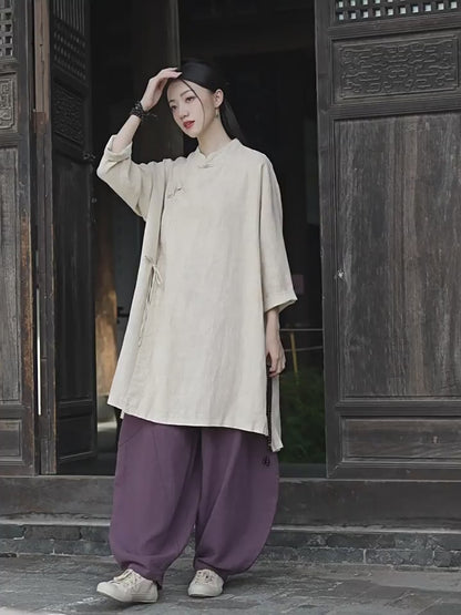 Linen Stitching Buckle Shirt Zen Meditation