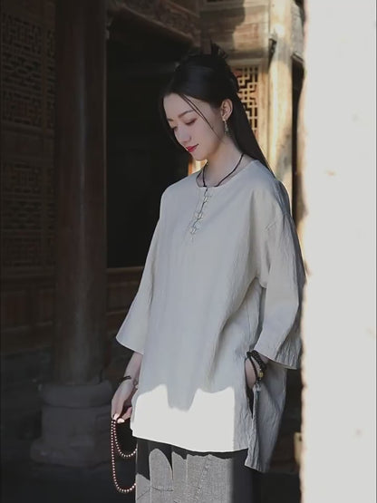 Linen Stitching Buckle Shirt Zen Meditation